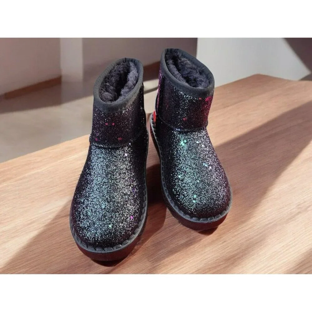 Kids Glittery Pink & Black Faux Fur Lined Mini Boots